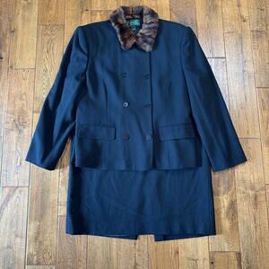 90s Ralph Lauren 100% Lambs Wool Jacket Suit Womens Sz 16 Faux Fur Collar Black